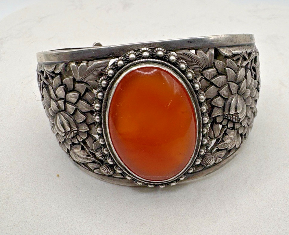Silver Victorian Antique Repousse Cuff Bracelet Filigree Large Carnelian 70.23g